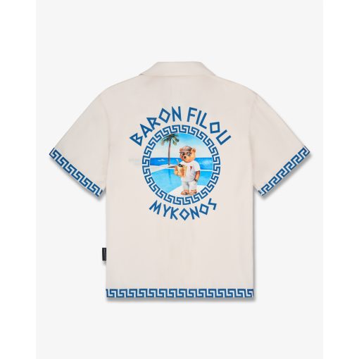 SS25 Backprint Shirt with Greek Pattern, Mykonos - Pearl White