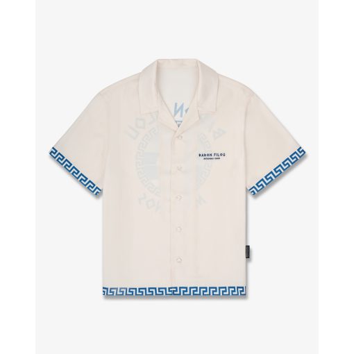 SS25 Backprint Shirt with Greek Pattern, Mykonos - Pearl White