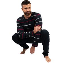 J.Press Férfi Hosszú Pizsama Szett, Kerek Nyakú, Sötétkék Csíkos Felsővel - Navy