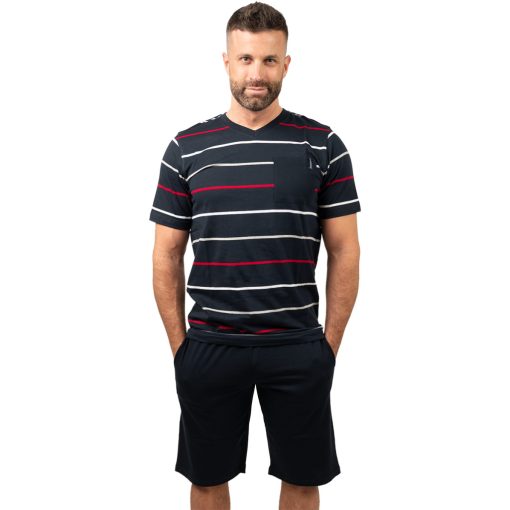 J.Press Férfi Rövid Pizsama Szett V Nyakú Sötétkék Csíkos Felsővel Sötétkék Alsóval - Navy