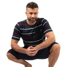 J.Press Férfi Rövid Pizsama Szett V Nyakú Sötétkék Csíkos Felsővel Sötétkék Alsóval - Navy