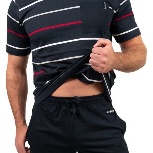 J.Press Férfi Rövid Pizsama Szett V Nyakú Sötétkék Csíkos Felsővel Sötétkék Alsóval - Navy