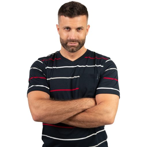 J.Press Férfi Rövid Pizsama Szett V Nyakú Sötétkék Csíkos Felsővel Sötétkék Alsóval - Navy