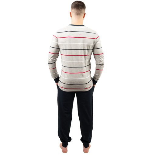J.Press Férfi Hosszú Pizsama Szett Kerek Nyakú Világos Melírszürke Csíkos Felsővel - Grey