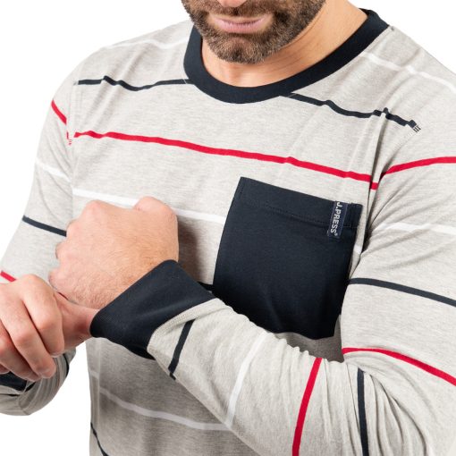 J.Press Férfi Hosszú Pizsama Szett Kerek Nyakú Világos Melírszürke Csíkos Felsővel - Grey