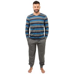  J.Press Férfi Hosszú Pizsama Szett V Nyakú Melírszürke Csíkos Felsővel Passzés Ujjal - Grey