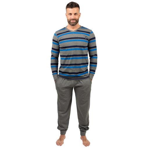 J.Press Férfi Hosszú Pizsama Szett V Nyakú Melírszürke Csíkos Felsővel Passzés Ujjal - Grey