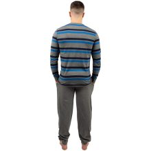 J.Press Férfi Hosszú Pizsama Szett V Nyakú Melírszürke Csíkos Felsővel Passzés Ujjal - Grey