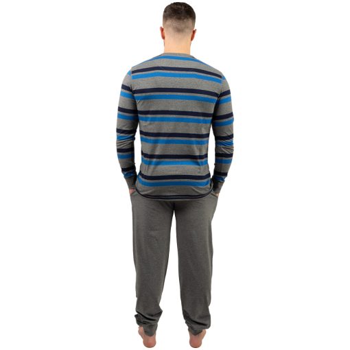 J.Press Férfi Hosszú Pizsama Szett V Nyakú Melírszürke Csíkos Felsővel Passzés Ujjal - Grey