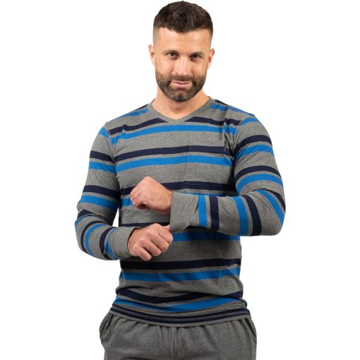 J.Press Férfi Hosszú Pizsama Szett V Nyakú Melírszürke Csíkos Felsővel Passzés Ujjal - Grey
