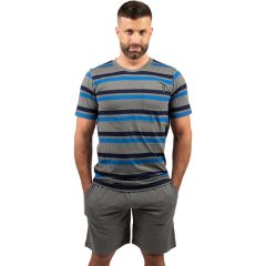   J.Press Férfi Rövid Pizsama Szett Kerek Nyakú Melírszürke Csíkos Felsővel - Grey
