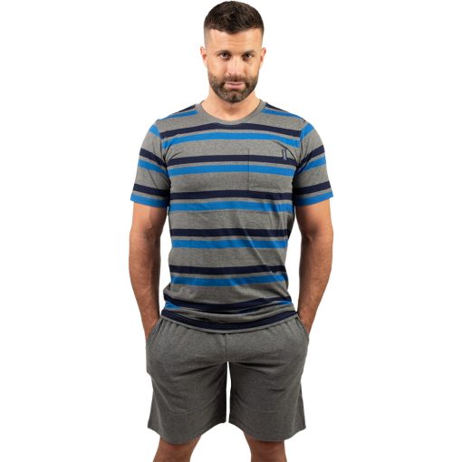 J.Press Férfi Rövid Pizsama Szett Kerek Nyakú Melírszürke Csíkos Felsővel - Grey