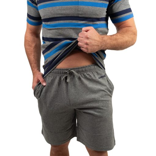 J.Press Férfi Rövid Pizsama Szett Kerek Nyakú Melírszürke Csíkos Felsővel - Grey