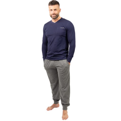 J.Press Férfi Hosszú Passzés Pizsama Szett Kerek Nyakú Sötékék Egyszínű Felsővel - Navy