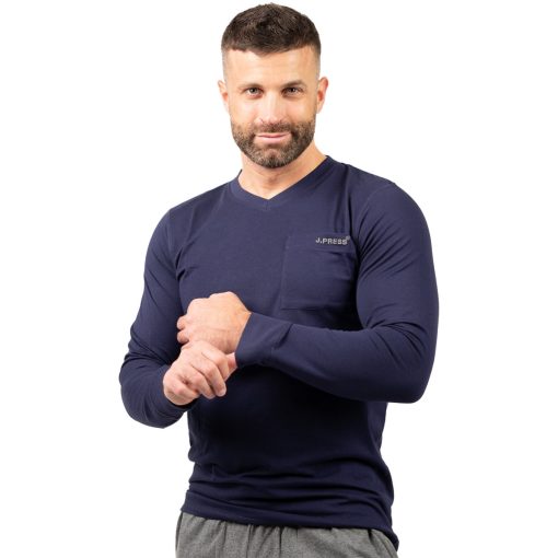 J.Press Férfi Hosszú Passzés Pizsama Szett Kerek Nyakú Sötékék Egyszínű Felsővel - Navy