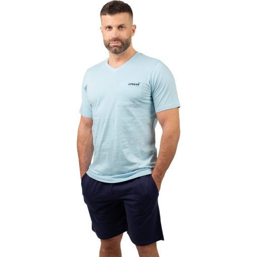 J.Press Férfi Rövid Pizsama Szett V Nyakú Világoskék Egyszínű Felsővel - Light Blue