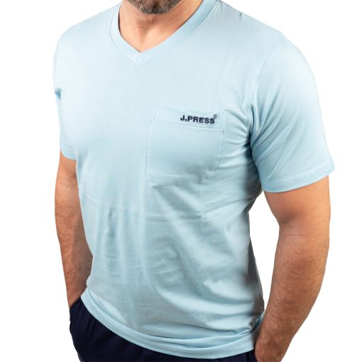 J.Press Férfi Rövid Pizsama Szett V Nyakú Világoskék Egyszínű Felsővel - Light Blue