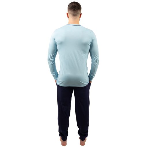 J.Press Férfi Hosszú Pizsama Szett Kerek Nyaku Világoskék Passzés Egyszínű Felsővel - Light Blue