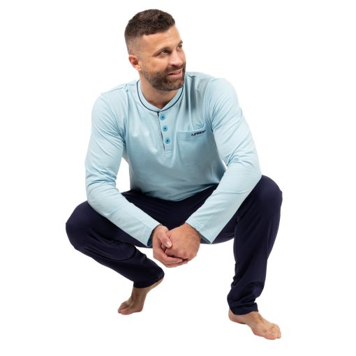 J.Press Férfi Hosszú Pizsama Szett Gombos Nyaku Világoskék Egyszínű Felsővel - Light Blue