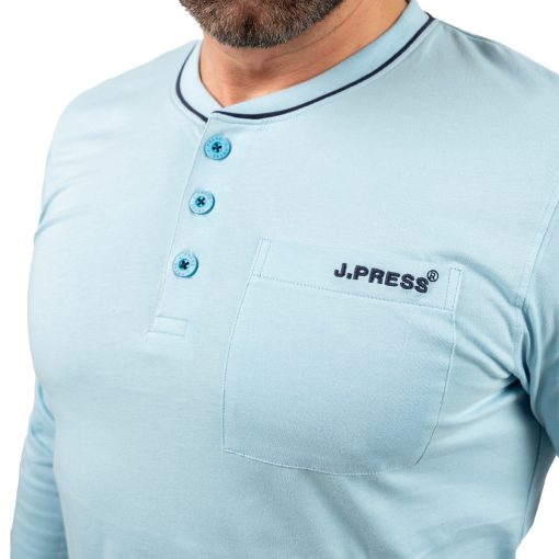 J.Press Férfi Hosszú Pizsama Szett Gombos Nyaku Világoskék Egyszínű Felsővel - Light Blue