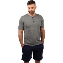   J.Press Férfi Rövid Pizsama Szett Gombos Nyakú Szürke Egyszínű Felsővel Sötétkék Alsóval - Grey