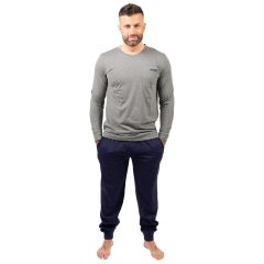  J.Press Férfi Hosszú Pizsama Szett Kerek Nyakú Passzés Felsővel és Alsóval - Grey