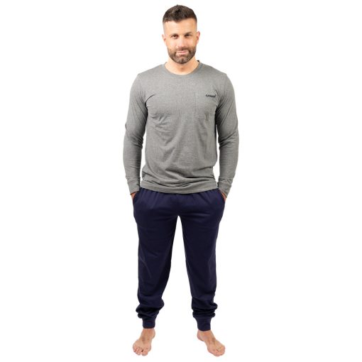 J.Press Férfi Hosszú Pizsama Szett Kerek Nyakú Passzés Felsővel és Alsóval - Grey