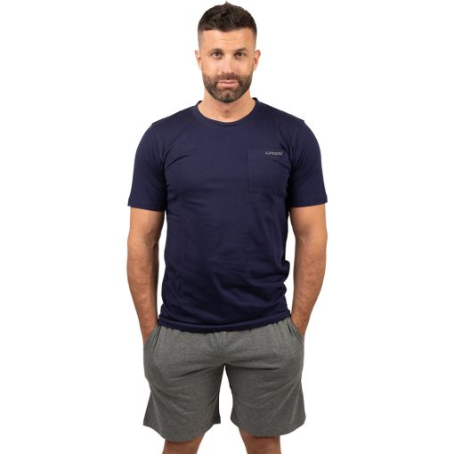 J.Press Férfi Rövid Pizsama Szett Kerek Nyakú Sötétkék Egyszínű Felsővel Szürke Alsóval - Navy