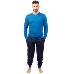   J.Press Férfi Hosszú Pizsama Szett V Nyakú Kék Egyszínű Felsővel Passzés Ujjal - Blue