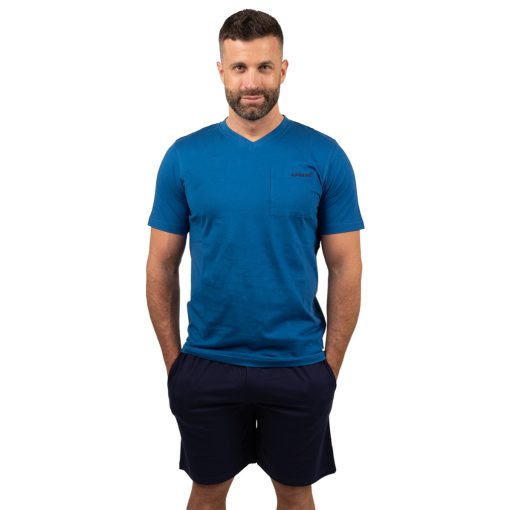 J.Press Férfi Rövid Pizsama Szett V Nyakú Tengerészkék Egyszínű Felsővel Szürke Alsóval - Blue