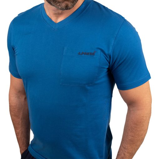 J.Press Férfi Rövid Pizsama Szett V Nyakú Tengerészkék Egyszínű Felsővel Szürke Alsóval - Blue