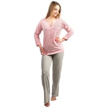 J.Press Női Hosszú Pizsama Szett, Kerek Nyakú Gomboló Pánttal,  Rózsaszín Pöttyös Felsővel - Pink