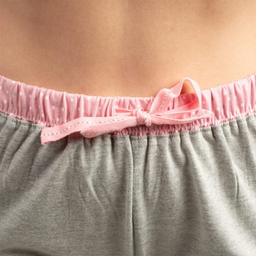 J.Press Női Hosszú Pizsama Szett, Kerek Nyakú Gomboló Pánttal,  Rózsaszín Pöttyös Felsővel - Pink