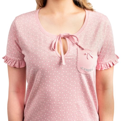 J.Press Női Rövid Pizsama Szett, Kerek Nyakú, Rózsaszín Pöttyös Felsővel Fodros Ujjal - Pink